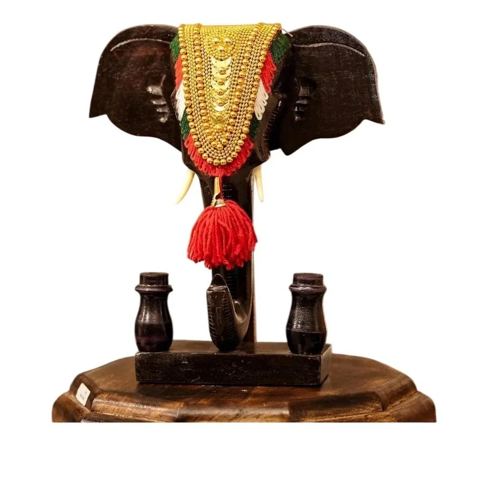 Handcrafted wooden elephant head‎ with nettipattam with pen holder Kerala 6